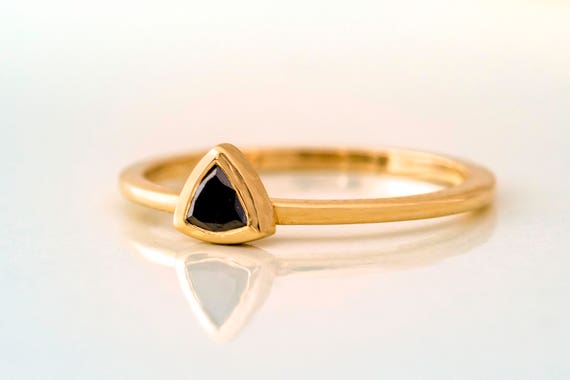 Black Diamond Triangle Ring Trillion Gold Ring Triangle Cut Diamond Thin Black Trillion Ring Dainty Black Diamond Engagement Ring