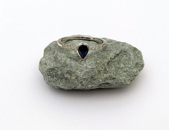 Certified Pear Shape Blue Sapphire Gemstone & Pave Diamond Engagement White Gold Ring