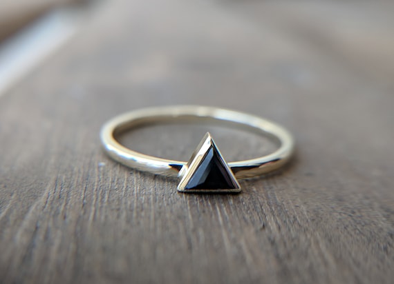 Black Sapphire Triangle Ring | Delicate Ruby Engagement Ring | Green Emerald Trillion Ring | Dainty Rose Gold Ring Simple Yellow Gold Ring