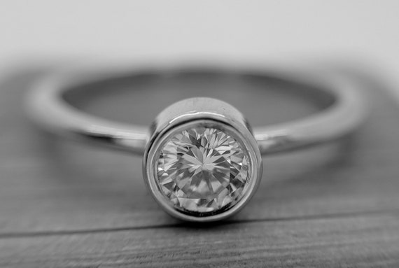 Round Diamond Solitaire Bezel Set Low Profile Thin Dainty Rose Gold Ring Engagement Bridal Promise Gift Ring