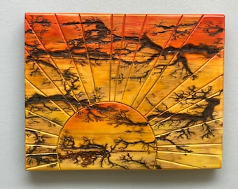 Wooden fractal burned sunburst wall art