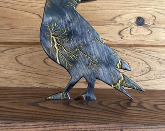 Handmade wooden Raven fractal burned decor