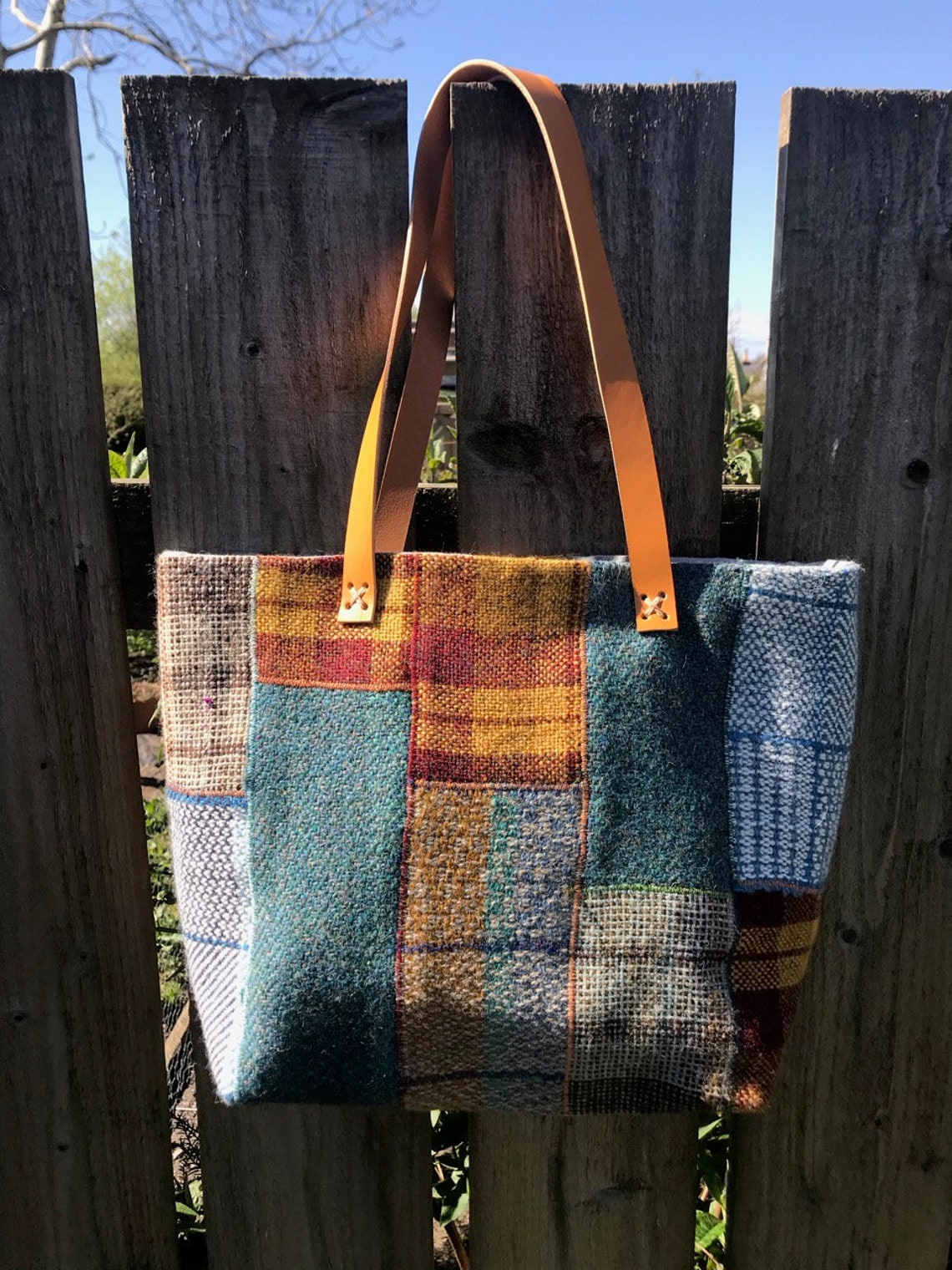 Handwoven patchwork wool tote bag with leather handles Etsy