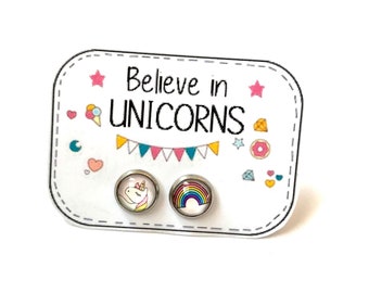 BOUCLES D'OREILLE ENFANTS, licorne, multicolore, boucles licorne, bijoux arc en ciel, bijoux enfant, cadeau anniversaire