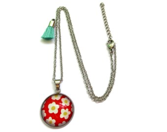 COLLIER sautoir ENFANT fleurs 70's blanches et jaunes, fond rouge, petite fleur, fillette, cabochon bijoux enfants, collier petite fille,