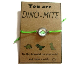 BRACELET ENFANT VOEUX dinosaure, médaille Acier Inoxydable  bracelet enfant, wish bracelet, coton , bracelet dino, vert, enfant