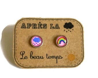 BOUCLES D'OREILLES ENFANTS, puces enfants nuage arc en ciel multicolore,cadeau enfant bijoux petite fille bijoux enfants anniversaire