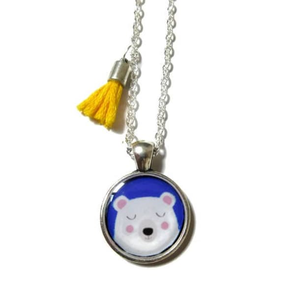 COLLIER sautoir ENFANT petit ours, blanc, bleu, animal, pompon jaune, bijoux petite fille, bijoux enfants, collier petite fille