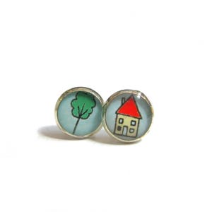 HOUSE EARRINGS Cute Tree Earrings Cute Jewelry Cute Stud Earrings Gifts for Girls Mismatched Earrings Kids Earrings image 2