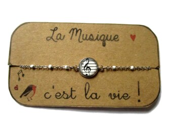 BRACELET ENFANT Acier Inoxydable clé de sol, bracelet petite fille, cadeaux musicien, bracelet musique, bracelet fillette réglable, cabochon