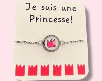 Pink Crown Bracelet, Child bracelet, girl bracelet, stainless steel bracelet, adjustable bracelet, princesse gift, princess jewelry birthday