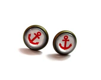 ANCHOR EARRINGS - Silver - red anchor jewelry - Nautical Earrings - Gifts Under 10 - little girl jewelry - little girl earrings