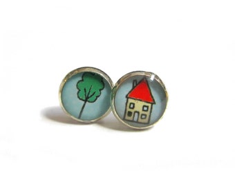 HOUSE EARRINGS - Cute Tree Earrings - Cute Jewelry - Cute Stud Earrings - Gifts for Girls - Mismatched Earrings - Kids Earrings