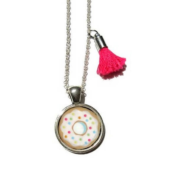 COLLIER ENFANT DONUT, gâteau, rose, blanc, bonbon, gourmandise, cabochon, bijoux donut, collier donut