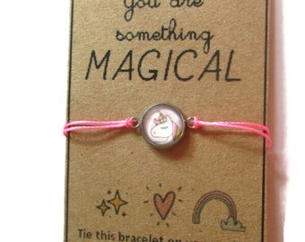 BRACELET ENFANT VOEUX licorne, médaille Acier Inoxydable  bracelet enfant, wish bracelet, coton , bracelet magie, rose, enfant