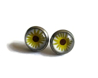 BOUCLES D'OREILLES ENFANTS, puces tournesols, petites fleurs jaunes, bijoux tournesols, fleuri, cadeau enfant, bijoux petite fille