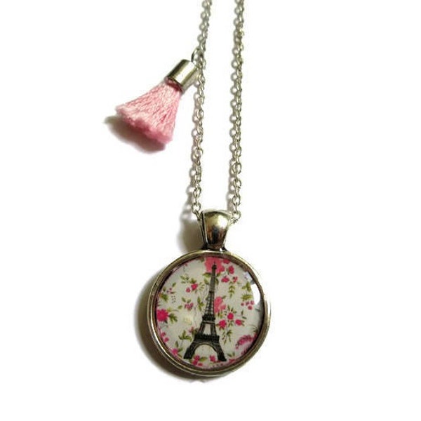 COLLIER sautoir ENFANT tour eiffel, paris, rose, blanc, liberty, petites fleurs, collier fillette, bijoux petite fille,  bijoux enfant