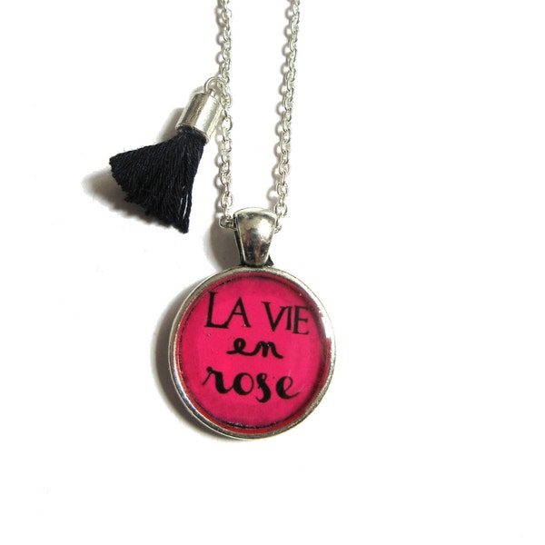 COLLIER sautoir ENFANT, ados, la vie en rose, rose, message, ado, résine