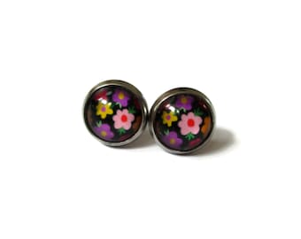 Colorful and Black FLOWER GIRL EARRINGS - floral Earrings - Colorful earrings - Floral jewelry - Flower Girl Gift