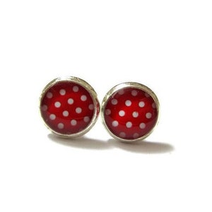 RED STUD EARRINGS - Red Polka Dots Earring Studs - Bright Red - Resin Jewelry - Silver Toned Earrings - Posts - Girl Jewelry
