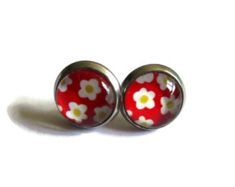 BOUCLES D'OREILLES ENFANTS Fleurs Rétro blanches, rouges et jaunes, puces enfants fleur, bijou style seventies, cadeau enfant