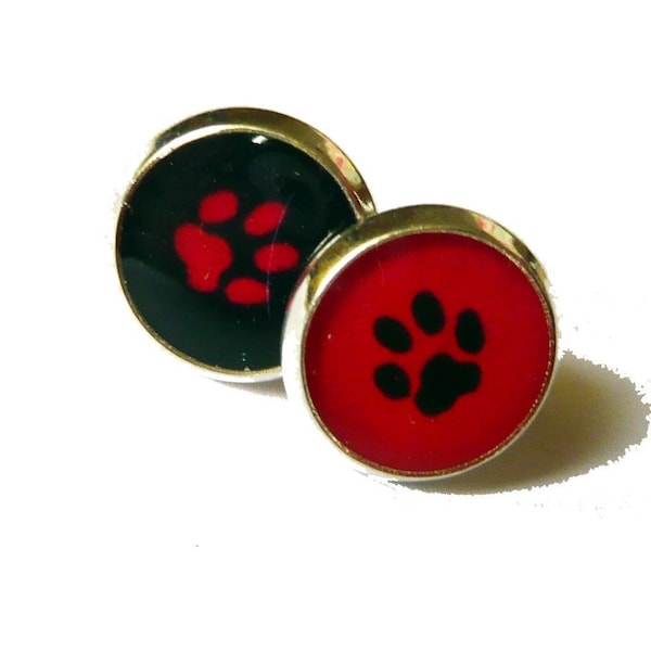 BOUCLES D'OREILLES ENFANTS, puces enfant pattes de chat, rouge, noir, animal, cabochon, petite fille, rondes