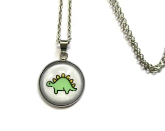 COLLIER sautoir ENFANT dinosaure, vert, blanc, animal, cadeau fan de dinosaure, bijoux petite fille, cadeaux enfants, cadeau petite fille