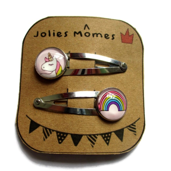 2 BARRETTES ENFANT barrettes licornes, arc en ciel, accessoire enfant cadeau petite fille pince a cheveux barrette fille set de barrette