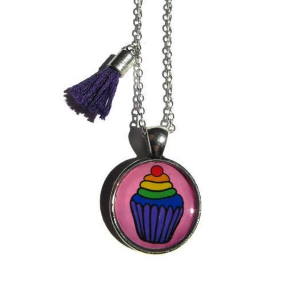 COLLIER sautoir ENFANT GATEAU multicolore, arc en ciel, cupcake, cabochon, bijoux petite fille, cadeaux enfants, cadeau petite fille