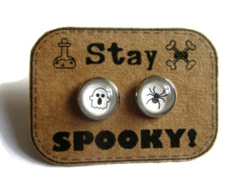 Halloween earrings - ghost and spider Earrings - kids Earrings - Hypoallergenic - Kawaii - stay spooky - halloween jewelry -  Girls