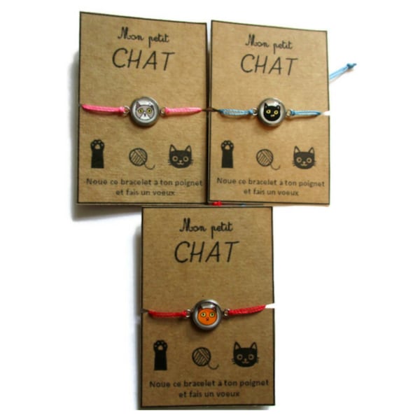 BRACELET ENFANT VOEUX chat noir, roux ou gris, fan de chat, médaille Acier Inoxydable  bracelet fillette, wish bracelet, coton, enfant