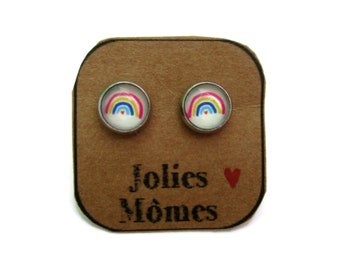 BOUCLES D'OREILLE ENFANTS, bijoux arc en ciel, petites bo motif arc en ciel, motif coloré, bijoux enfant, cadeau anniversaire petite fille