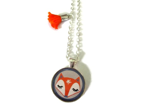 COLLIER sautoir ENFANT petit renard, orange, gris, animal, pompon orange,  bijoux petite fille, bijoux enfants, collier petite fille