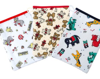 MOSKITO 3er Set Kinderwaschlappen mit lustigen Tieren bedruckt Elefant Katze Giraffe Kuh