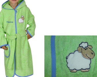 Peignoir Schäfchen Schaf 86/92 pour enfants avec nom brodé vert citron avec bleu clair