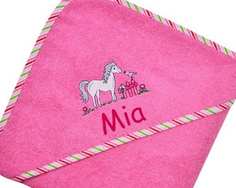 MOSKITO serviette à capuche bébé 80x80 coton avec nom brodé poney cheval enfant bambin cadeau baptême naissance