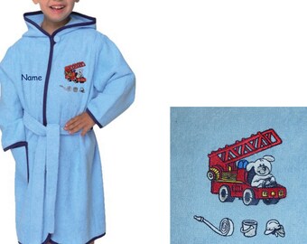 Peignoir pompiers 74/80 ou 86/92 pour les enfants avec des noms brodés bleu clair avec bleu foncé et rouge