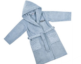 Peignoir enfants en couleur tendance bleu clair 100% coton Oeko-Tex taille sélectionnable uni ou brodé avec nom