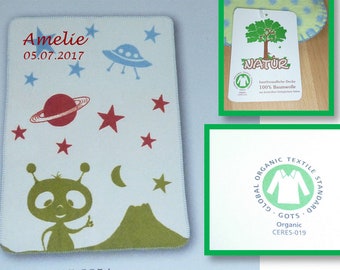 Couverture bébé martien avec nom + date brodée kbA GOTS certifié bébé