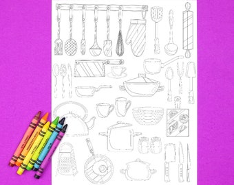 Kitchen Coloring Page Utensils Soothing Stress Relief Art Therapy For All Colorists Seniors Children Instant Digital Download