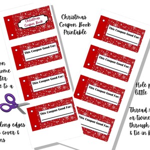 Printable Christmas  Snowflake Coupon Book 5, Cover & 7 Coupons, Blank Coupon, Fillable Coupon, Snowfall on Red Background, Digital Download
