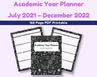 2021-2022 Academic Dated Planner Lined Monday Start 8"x10" 162 Pages Black Cover White Scholastic Design Digital Download Printable
