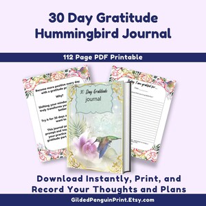 Diario de gratitud de 30 días con forma de colibrí / Diario de gratitud con indicaciones / Diario imprimible / Cita de afirmación / Carta de 8,5 x 11