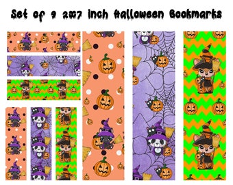 Set of 9 2x7 Inch Halloween Witch Animals Party Pack Bookmarks , Halloween Printable, Halloween Bookmark, Digital Bookmark, Print at Home