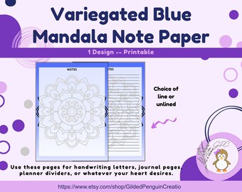 Variegated Blue Mandala 2 Page Coloring Note Paper Set with lined & unlined 8.5x11 Inch Digital Download Printable Stationery