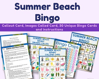 Summer Beach Bingo Printable 30 Unique 5X5 Bingo Cards, Calling Card, Image Called Card, Bingo Chips  DIGITAL DOWNLOAD Graphic Bingo Seaside