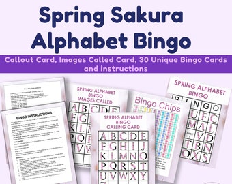 Spring Sakura Alphabet Bingo Printable 30 Unique 5X5 Bingo Cards, Calling Card, Image Called Card, Bingo Chips  DIGITAL DOWNLOAD Learning