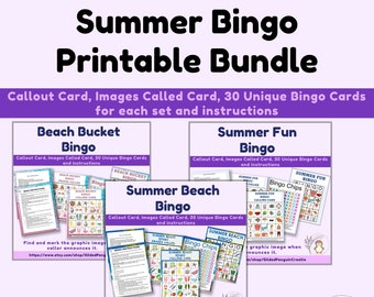 Summer Bingo Printable Bundle 3 Sets of 30 Unique 5X5 Bingo Cards, Calling Card, Imaged Called Card, Bingo Chips  DIGITAL DOWNLOAD Beach