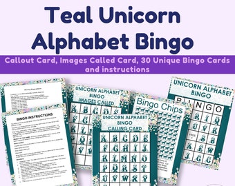 Teal Unicorn Alphabet Bingo Printable 30 Unique 5X5 Bingo Cards, Calling Card, Image Called Card, Bingo Chips  DIGITAL DOWNLOAD Learning