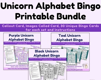 Unicorn Alphabet Bingo Printable Bundle 3 Sets of 30 Unique 5X5 Bingo Cards, Calling Card, Imaged Called Card, Bingo Chips  DIGITAL DOWNLOAD